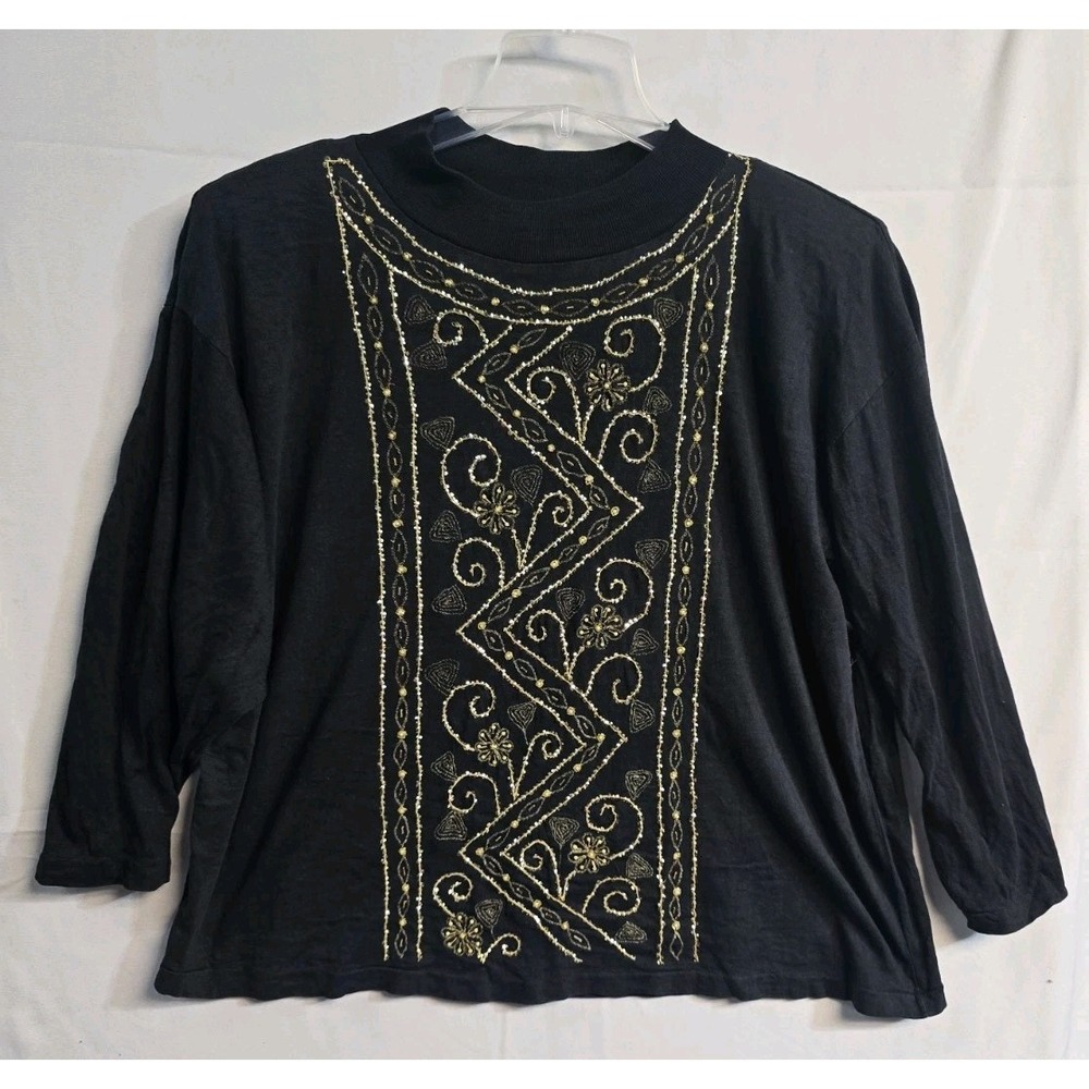 Vintage Women's Blouses Sequin 20 Black Cotton Extra SHENANIGANS